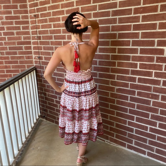 V-Halter Smocked Waist Floral Dress